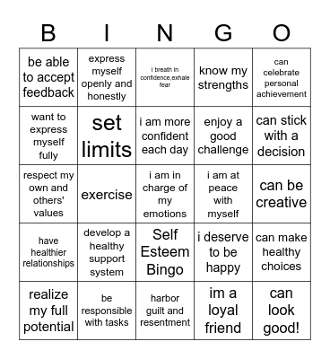 Self-Esteem Bingo Card