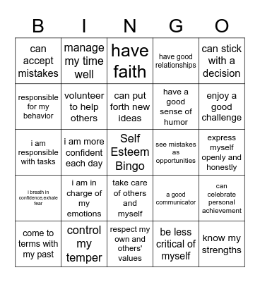 Self-Esteem Bingo Card