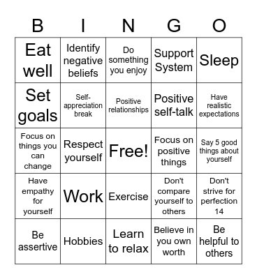 Ways To Increase Your Self-Esteem Bingo Card