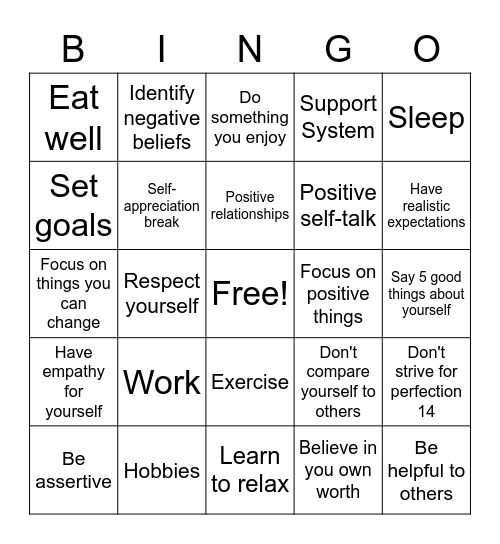 Ways To Increase Your Self-Esteem Bingo Card