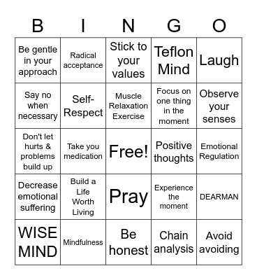 DBT Bingo Bingo Card