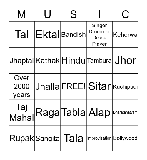 Indian Music Bingo Card