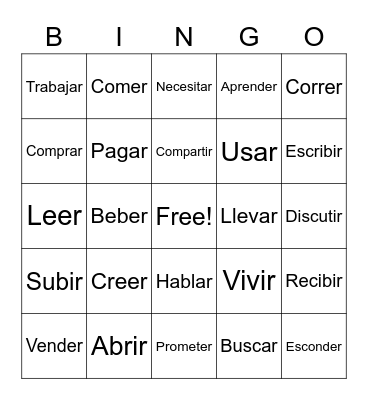 Spanish Words Bingo Card