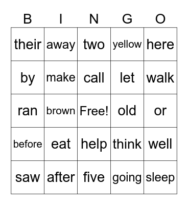 Sight Words Bingo Card
