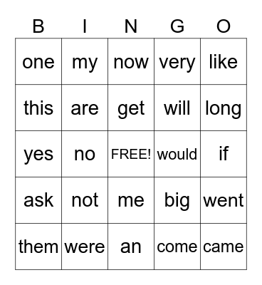 Sight Words Bingo Card