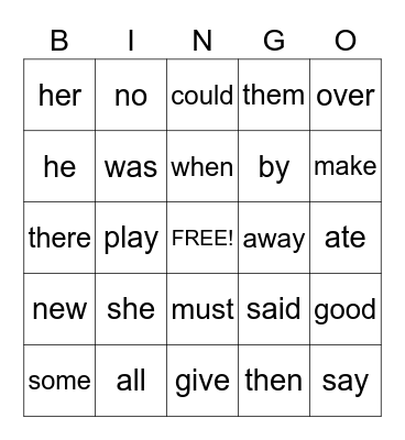Sight Words Bingo Card