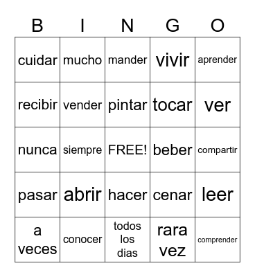 Spanish Words Bingo Card