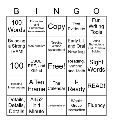 Family Literacy Night BINGO Card