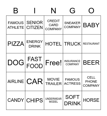 Super Bowl Commercial Bingo, TV Commercial Bingo Card