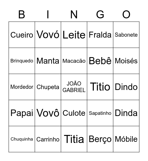 Portuguese Baby Shower Bingo Card