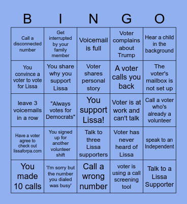 Lissa For PA Phone Bank Bingo Card