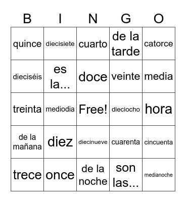 Spanish Words Bingo Card