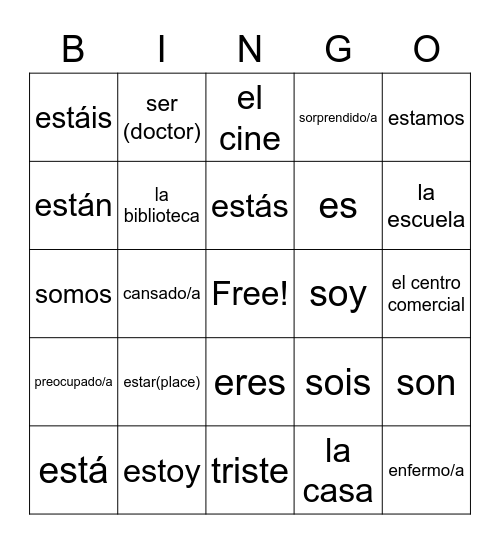 Spanish Words Bingo Card