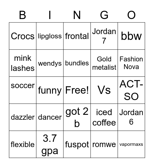 Ahrianna Bingo Card