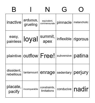 Vocabulary Lesson 19 Bingo Card