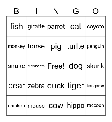 Animals Bingo Card