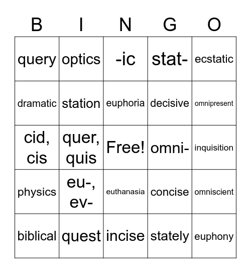 Word Segments Bingo Card