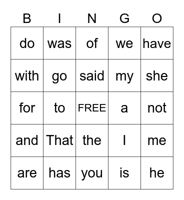 Sight Words Bingo Card