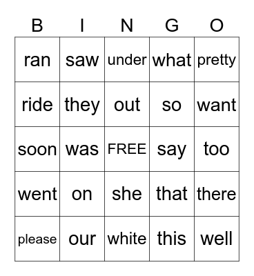 Primer Sight Words 2 Bingo Card