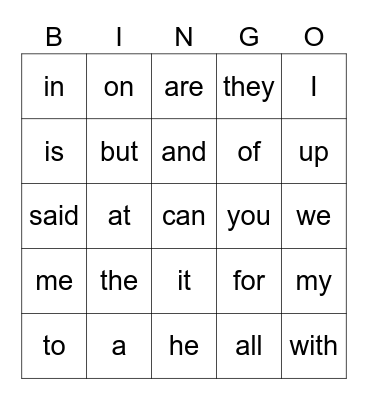 Sight Words Bingo Card