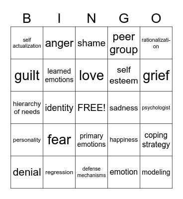 Self Esteem, Emotions Bingo Card
