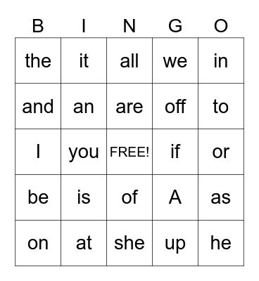 Sight Words Bingo Card