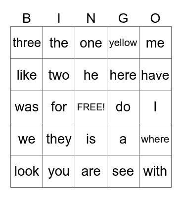 Sight Words Bingo Card
