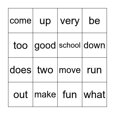 Sight Words Bingo Card
