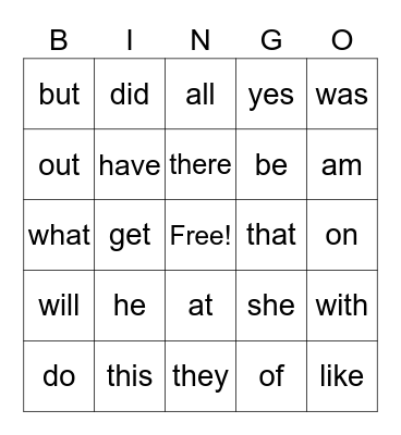 Sight Words Bingo Card
