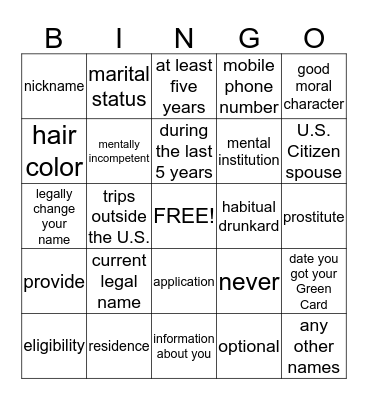 N-400 Application Words Bingo Card