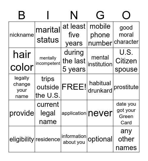 N-400 Application Words Bingo Card