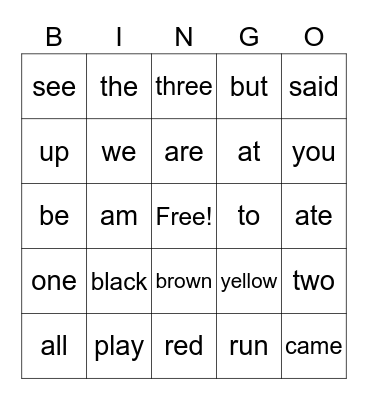 Sight Words Bingo Card