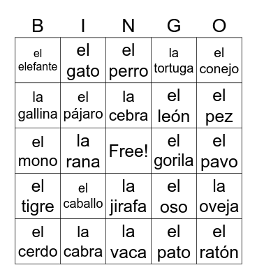 Spanish Words Bingo Card