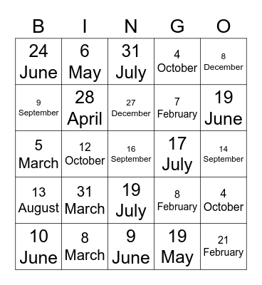 Birth date Bingo Card