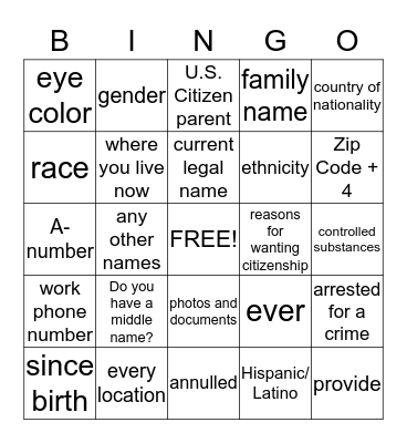 More N-400 Application Words Bingo Card