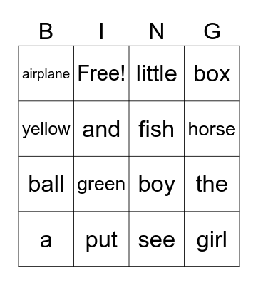 Sight Words Bingo Card