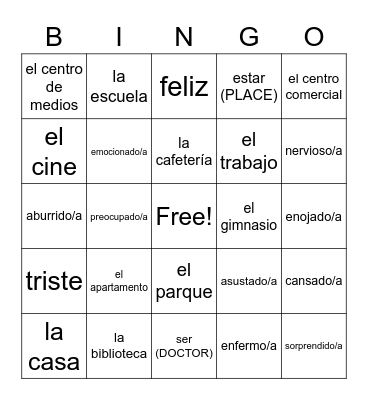 Spanish Words Bingo Card