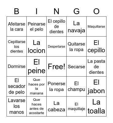 Spanish Words Bingo Card