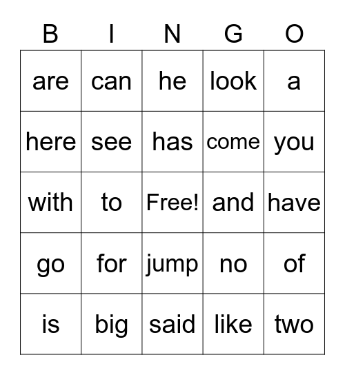 Sight Words Bingo Card