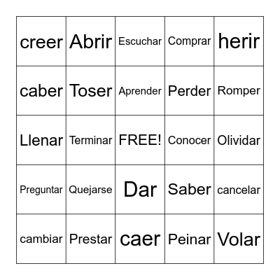 Spanish Words Bingo Card