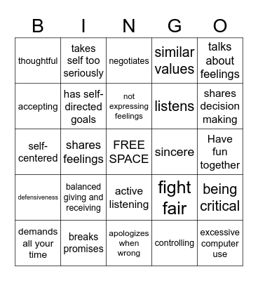 Healthy Relationships Bingo Card