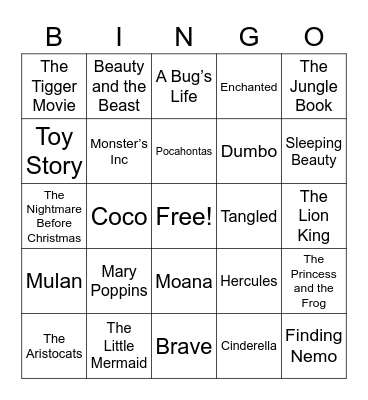 Disney & Pixar Music Bingo, Disney Movie Bingo Card