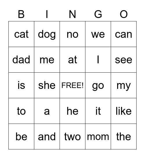 Sight Words Bingo Card