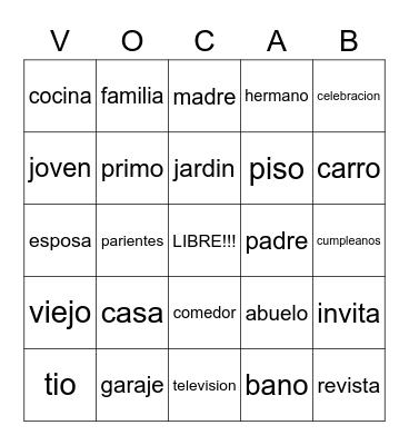 Spanish Vocab Bingo Card