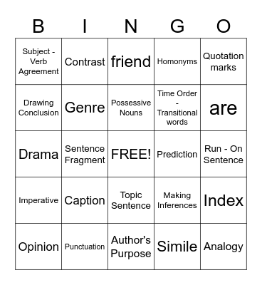 Language Arts Bingo Card