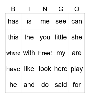 Sight Words BIngo Card
