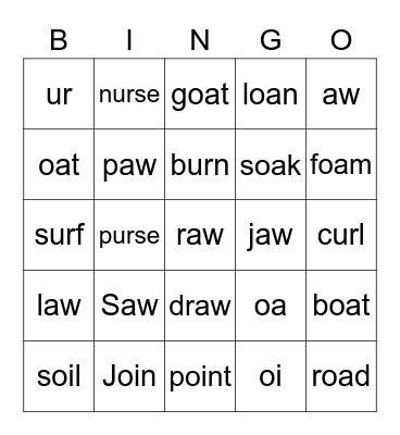 Review sounds /aw/ /oi/ and /oa/ /ur/ Bingo Card