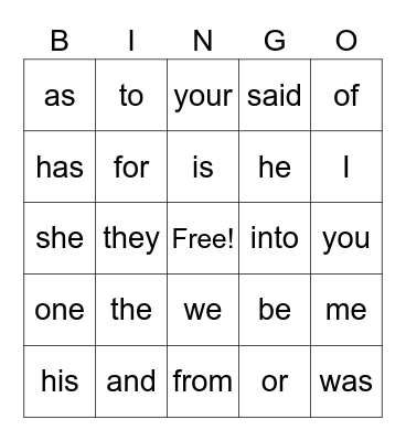 Sight Words Bingo Card