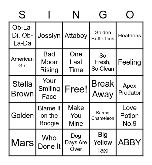 SINGO: Everything Bingo Card