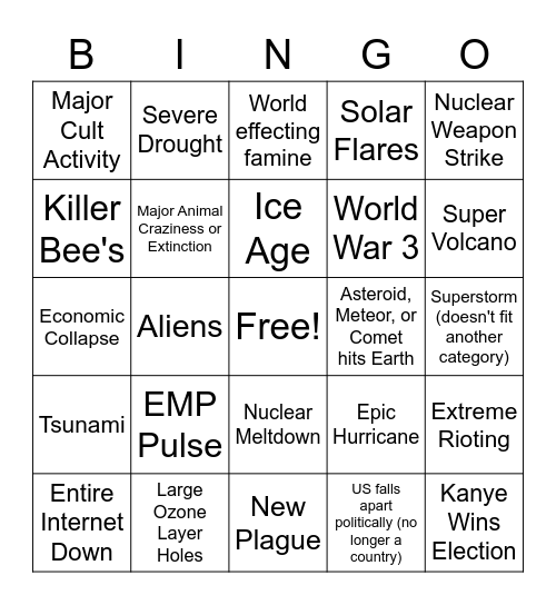2020 Apocalypse Bingo Card